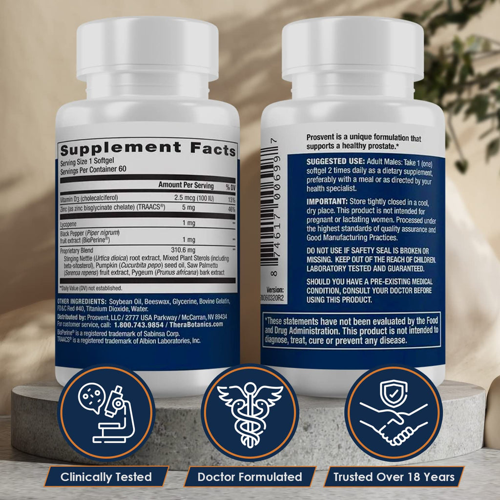 Prosvent – Natural Prostate Health Supplements for Men – Clinically Tested Ingredients - Saw Palmetto, Pygeum, Lycopene, Stinging Nettle, Beta Sitosterol, Pumpkin Seed Oil. 60 ct
