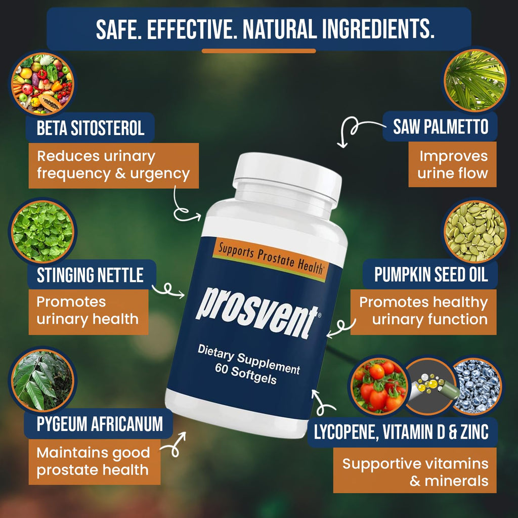 Prosvent – Natural Prostate Health Supplements for Men – Clinically Tested Ingredients - Saw Palmetto, Pygeum, Lycopene, Stinging Nettle, Beta Sitosterol, Pumpkin Seed Oil. 60 ct