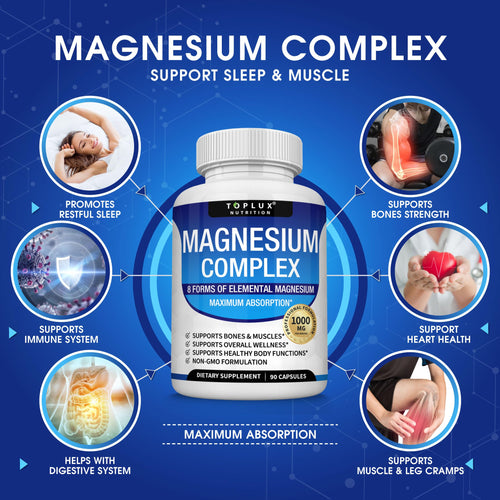Magnesium Complex Supplement 8 Elemental 1000mg - Magnesium Glycinate, Citrate, Malate, Taurate, Chelated for Easy Absorption for Bones, Muscle, Recovery, Energy, Vegan Non-GMO 90 Capsules